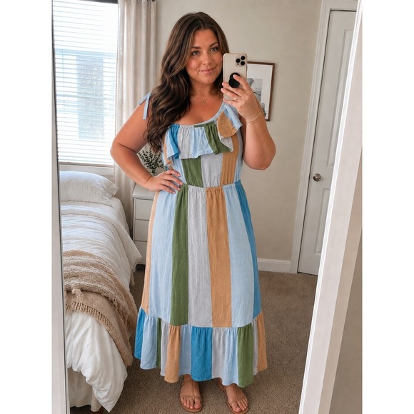 LC Lauren Conrad Dresses & Skirts - Lauren Conrad Tiered Maxi Dress XXL Stripe‎ One Shoulder Cottage Coastal Boho